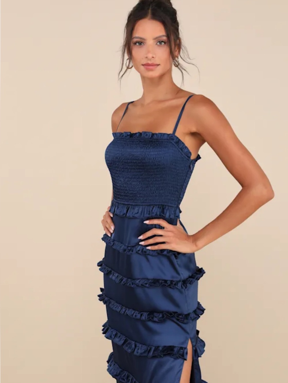 New Lulus Sincerely Fabulous Navy Ruffle-Tier Satin Maxi Dress - Women's Sz XL - Picture 5 of 8